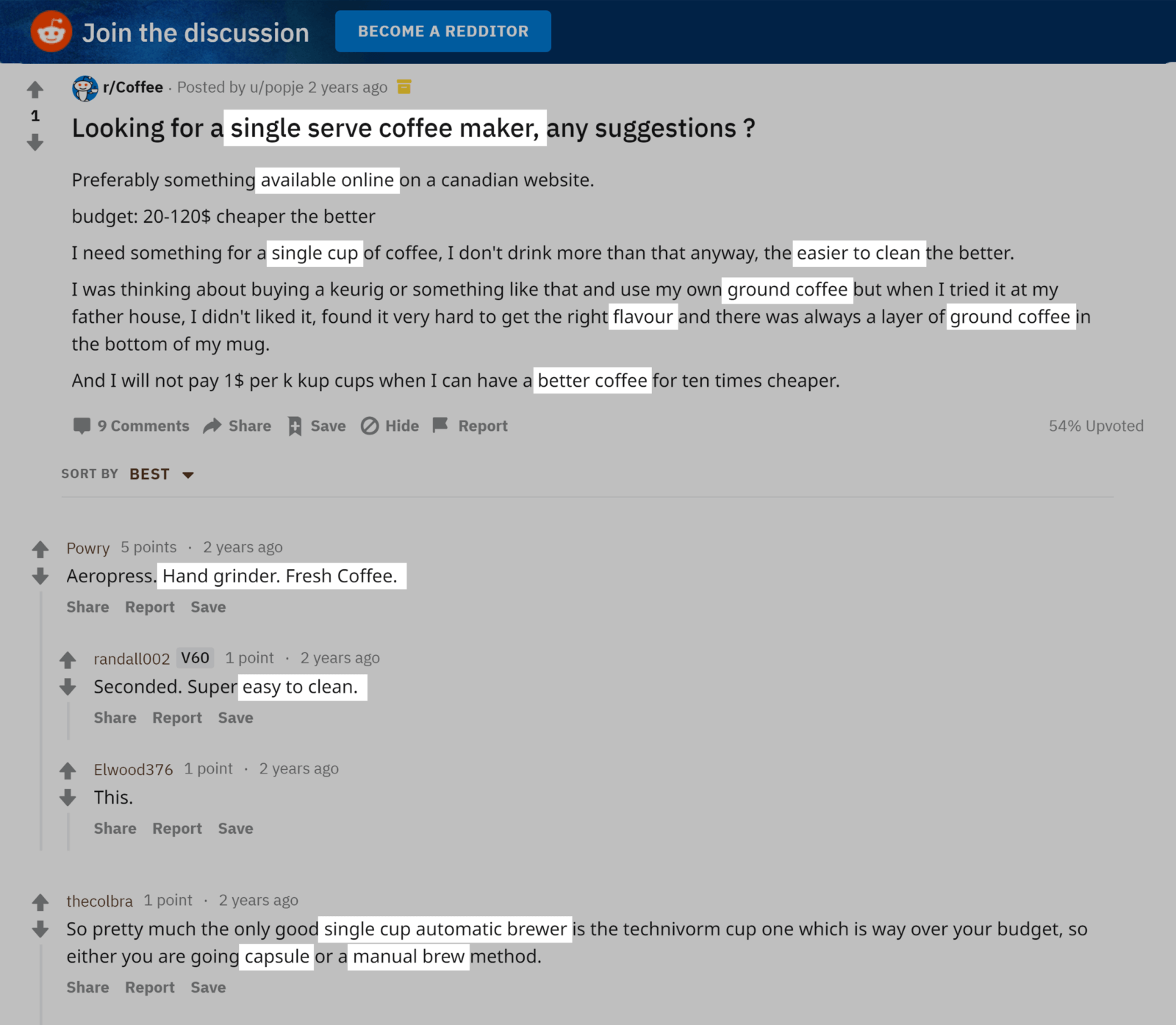 Reddit 咖啡论坛评论